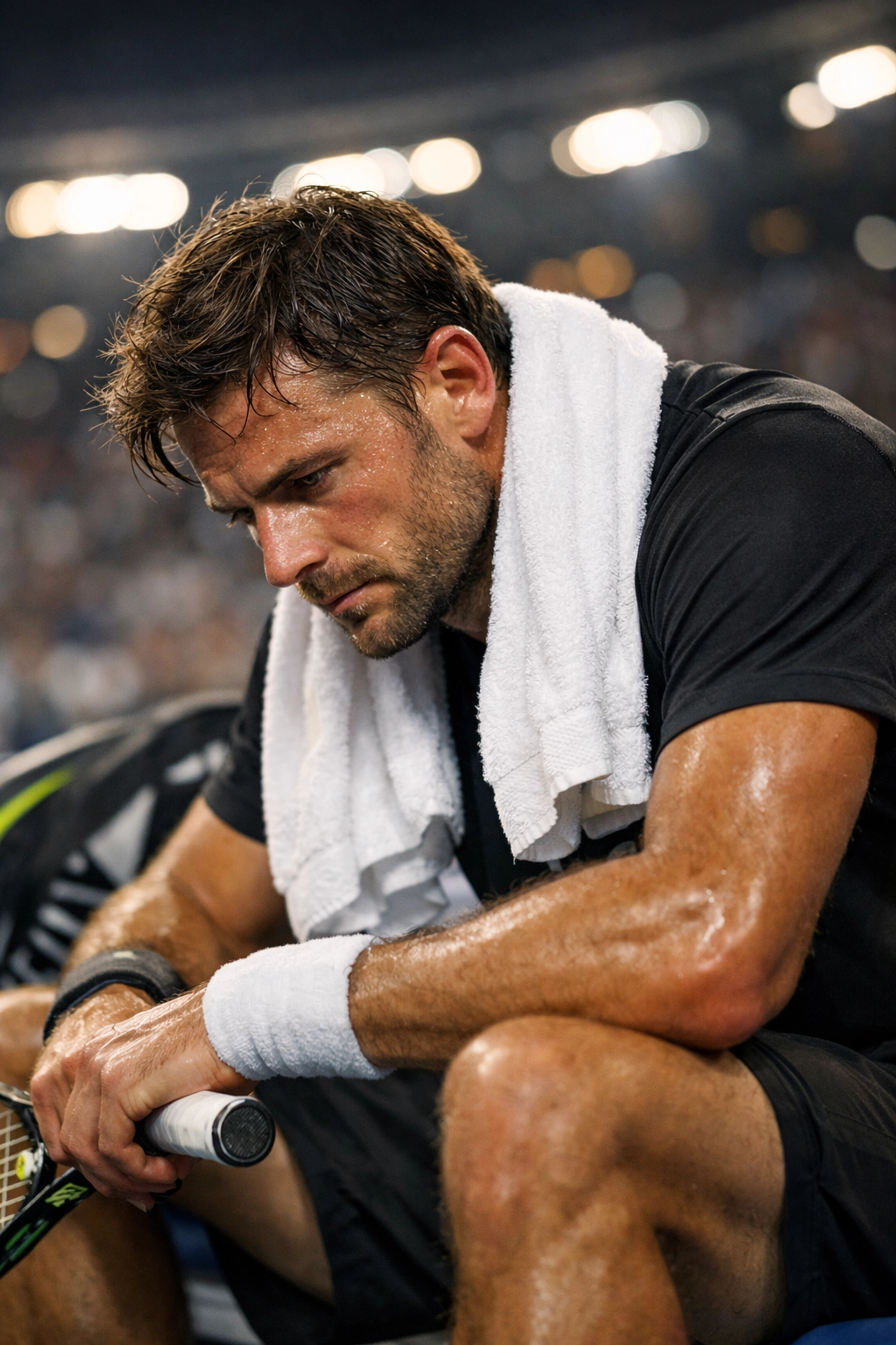 Erschöpfter Tennisspieler auf der Bank zur Analyse von Fitness und Wettquoten.