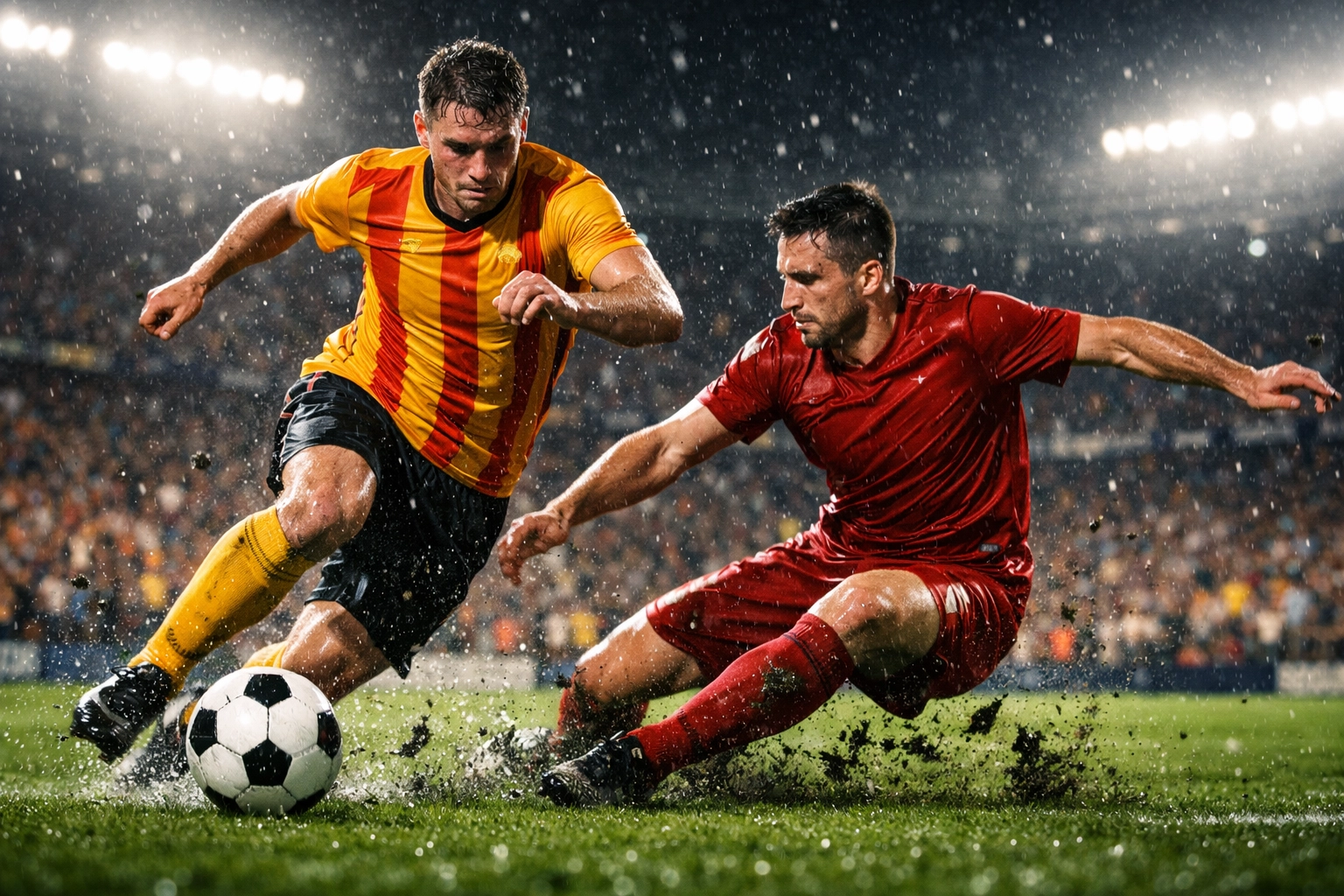 Fußball-Zweikampf im Stadion bei der Partie Liverpool gegen Galatasaray.