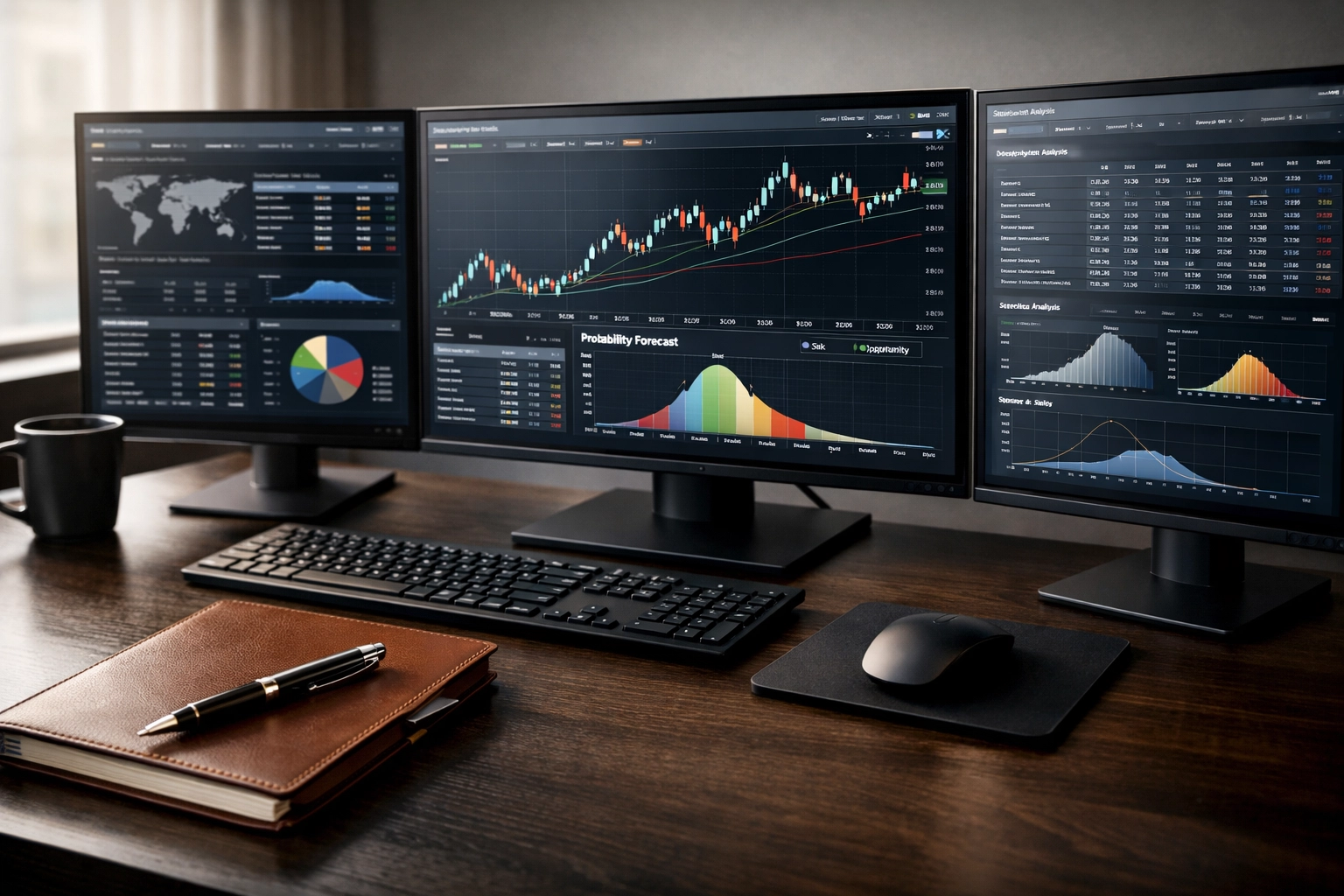 Professioneller Analysten-Arbeitsplatz mit Monitoren für Fußball-Statistiken und Wett-Modelle.