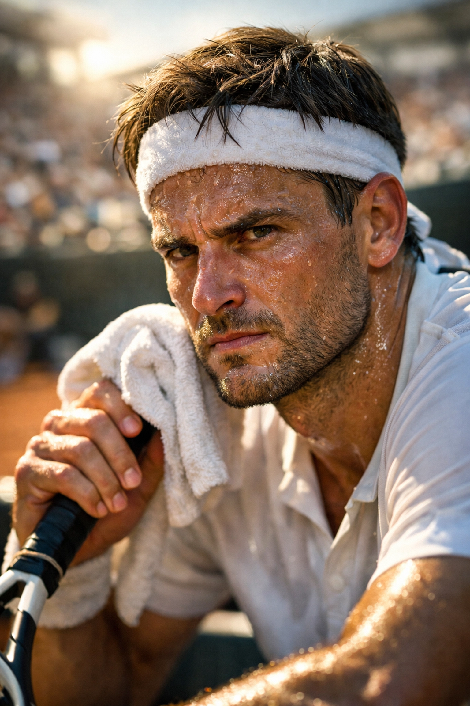 Konzentrierter Tennisprofi auf der Bank zur Analyse von mentalem Momentum bei Live-Wetten.