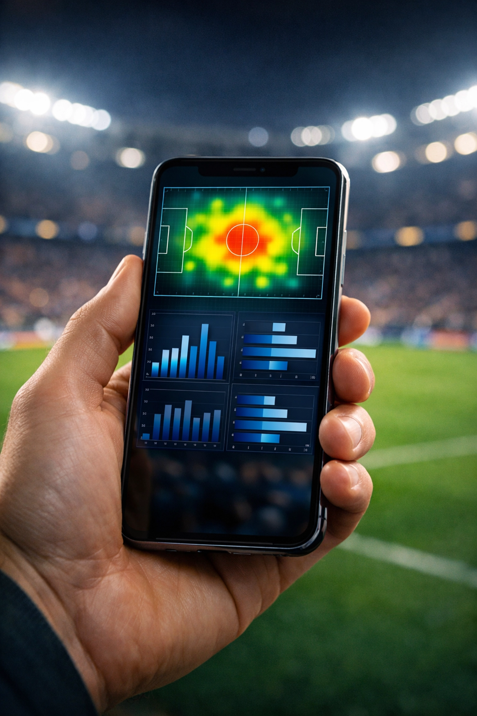 Smartphone mit Live-Statistiken und Heatmap zur Analyse von In-Play-Wetten im Stadion.