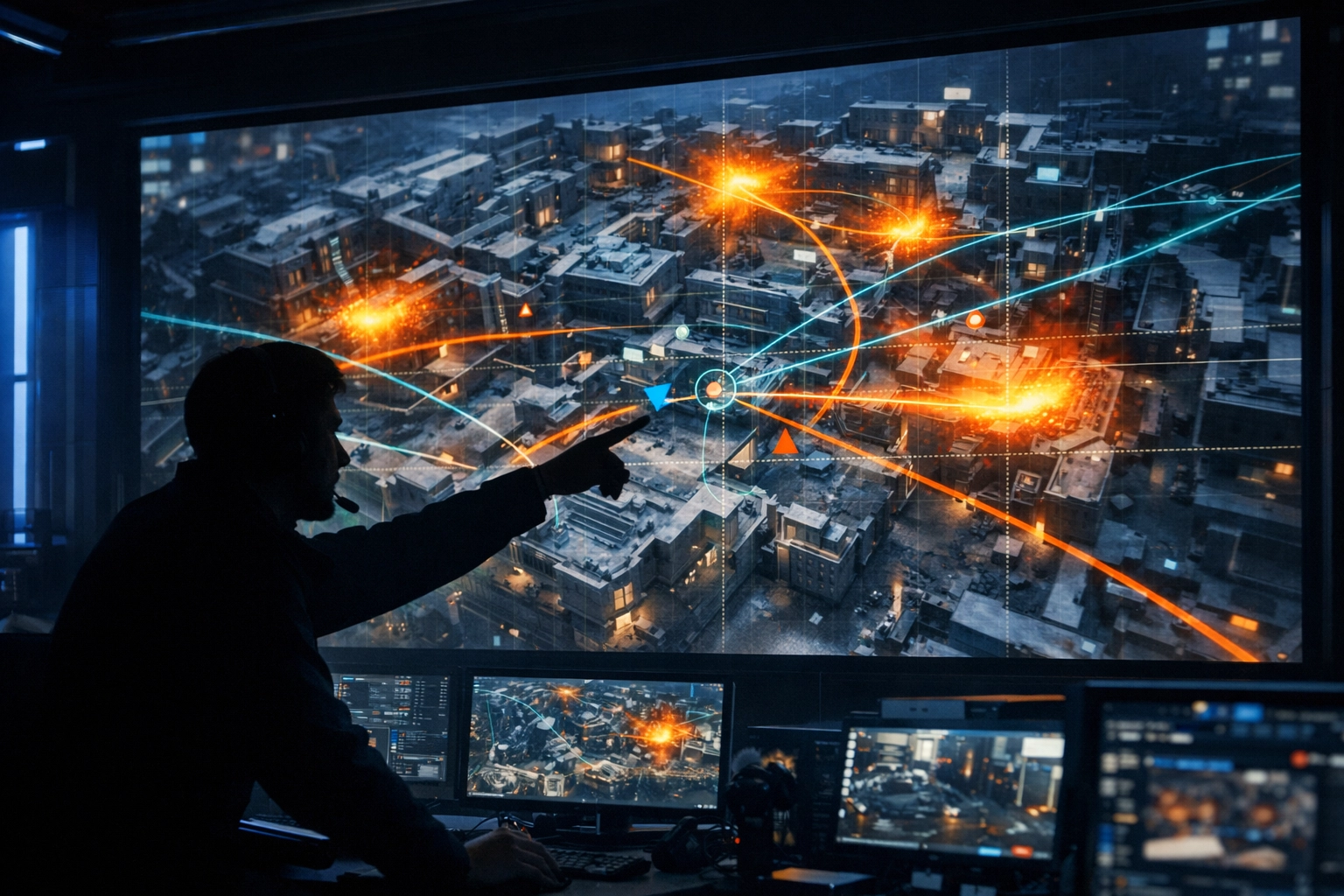 Professionelle E-Sports-Taktik-Analyse mit digitalen Heatmaps auf einem Großbildschirm.