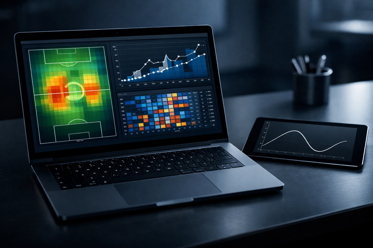 Laptop-Bildschirm mit xG-Datenmatrix und Heatmaps für präzise Fußball-Analysen.