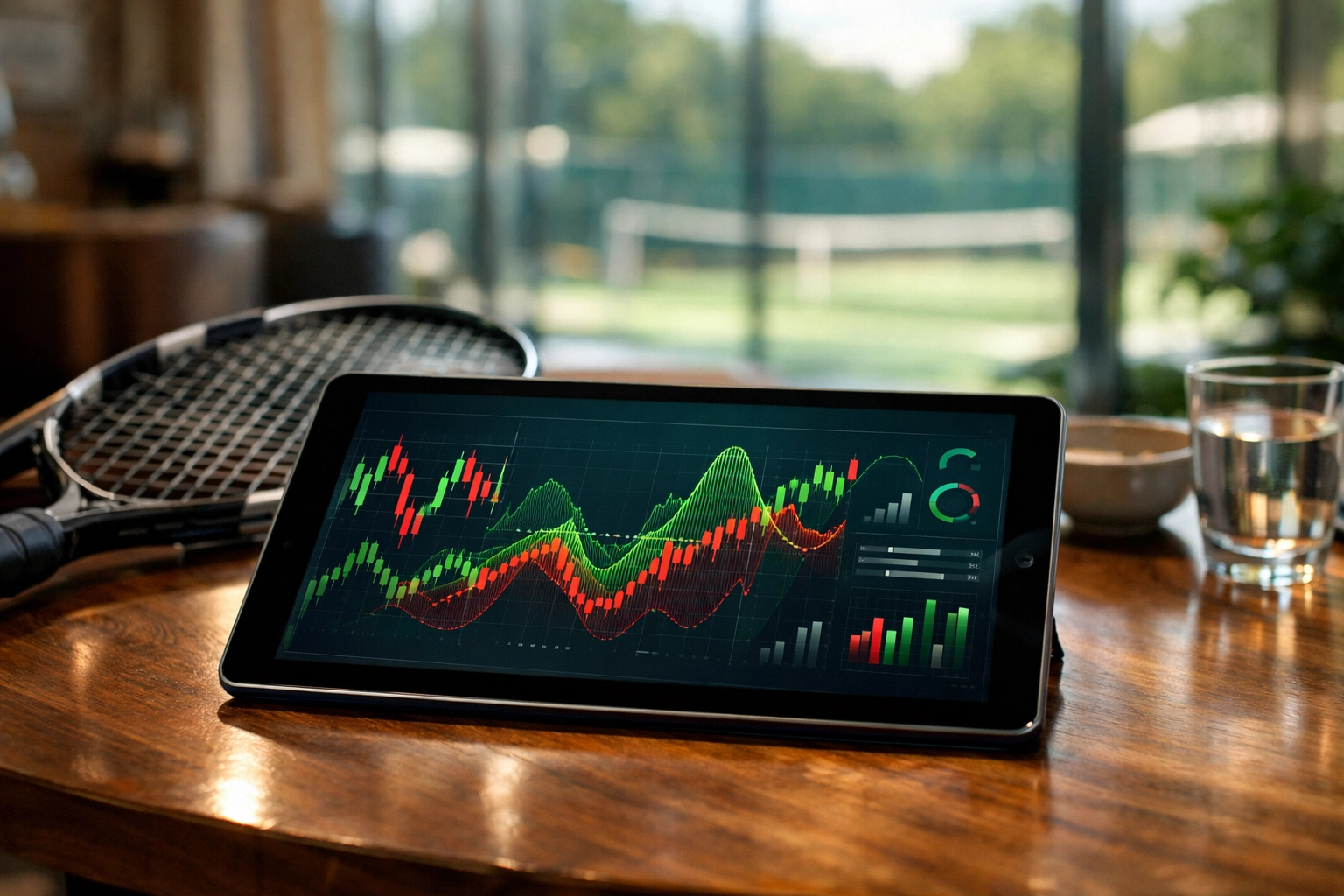 Tablet mit detaillierten Tennis-Statistiken und Markt-Analysen in einer modernen Sport-Lounge.