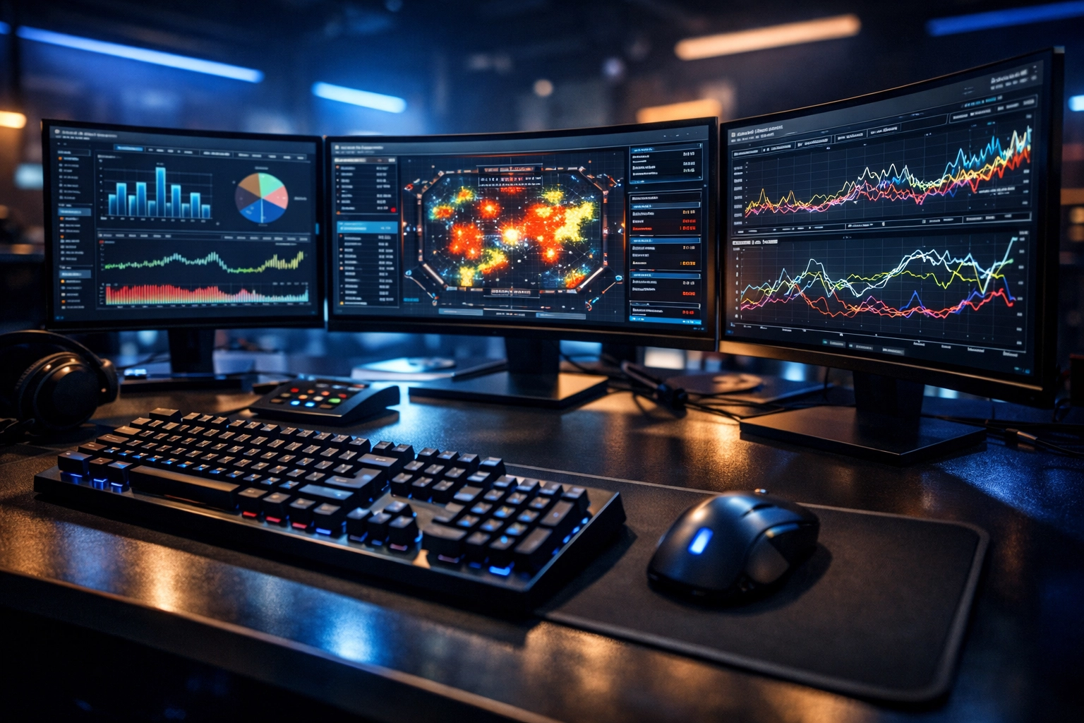 Professionelle E-Sports Datenanalyse mit Metriken und Performance-Statistiken auf Monitoren.
