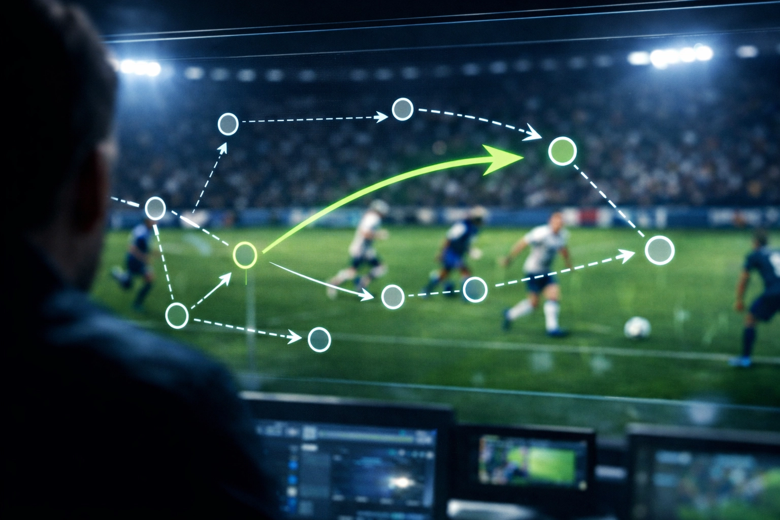 Taktische Analyse mit Tracking-Daten und digitalen Spielermarkierungen während eines Live-Spiels.