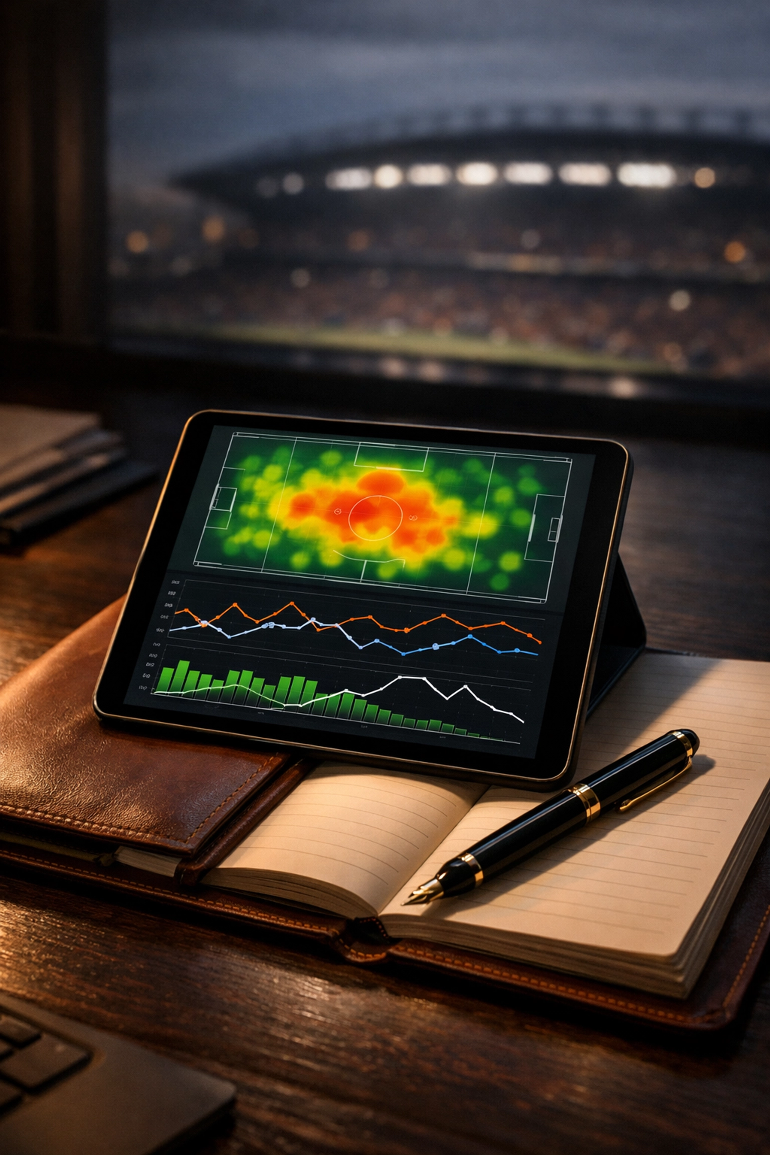 Datenbasierte Analyse von Live-Betting-Trends auf einem Tablet mit Fußball-Heatmaps.