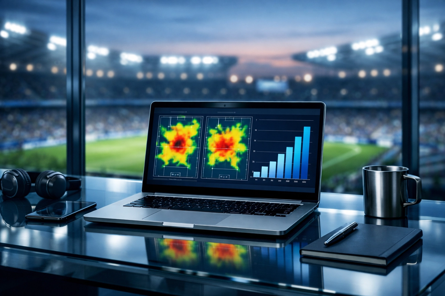 Laptop mit xG-Daten und Fußball-Analysen für Bundesliga Tipps heute am Schreibtisch.
