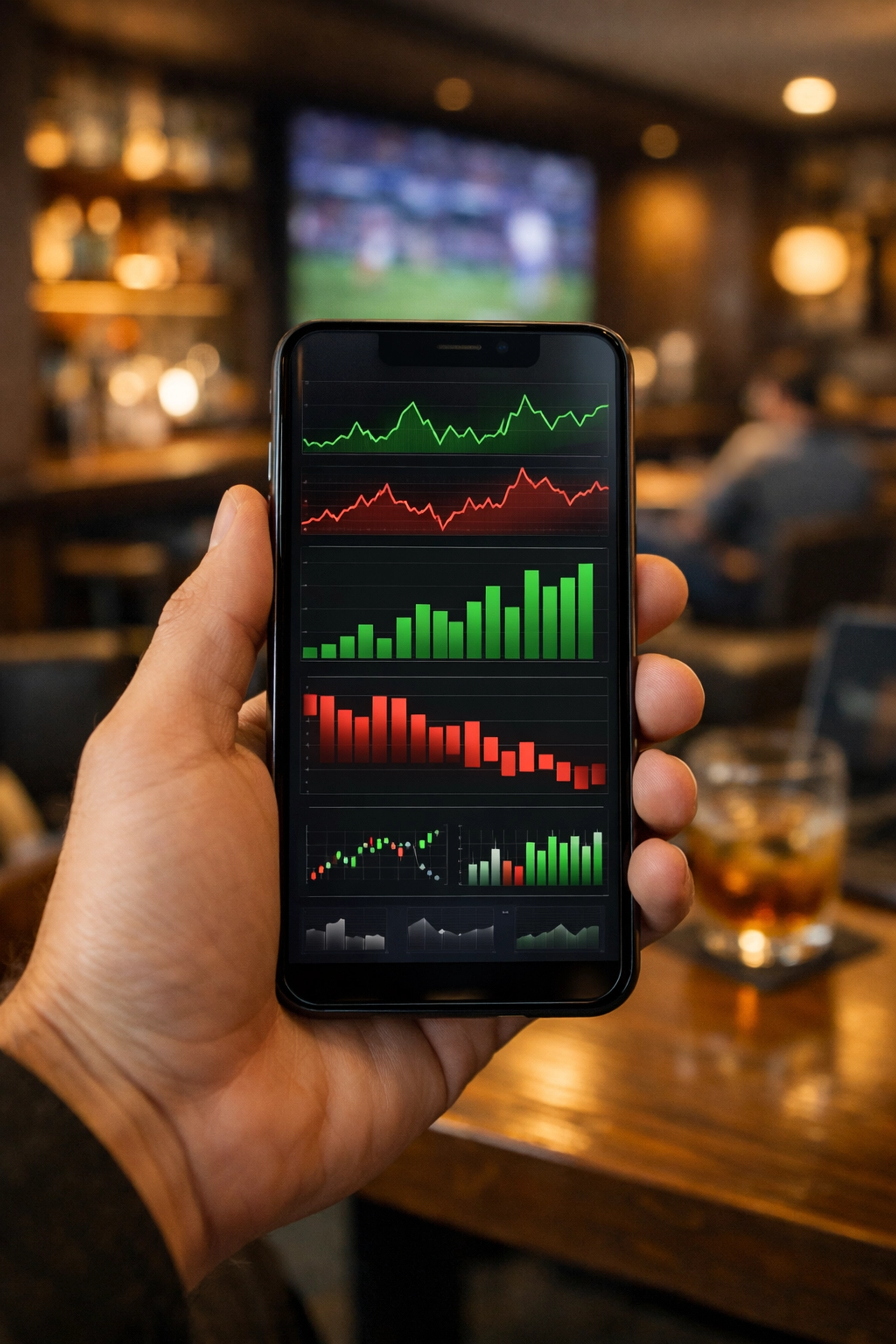 Smartphone mit Datenvisualisierungen zur Analyse aktueller Sportwetten Trends.