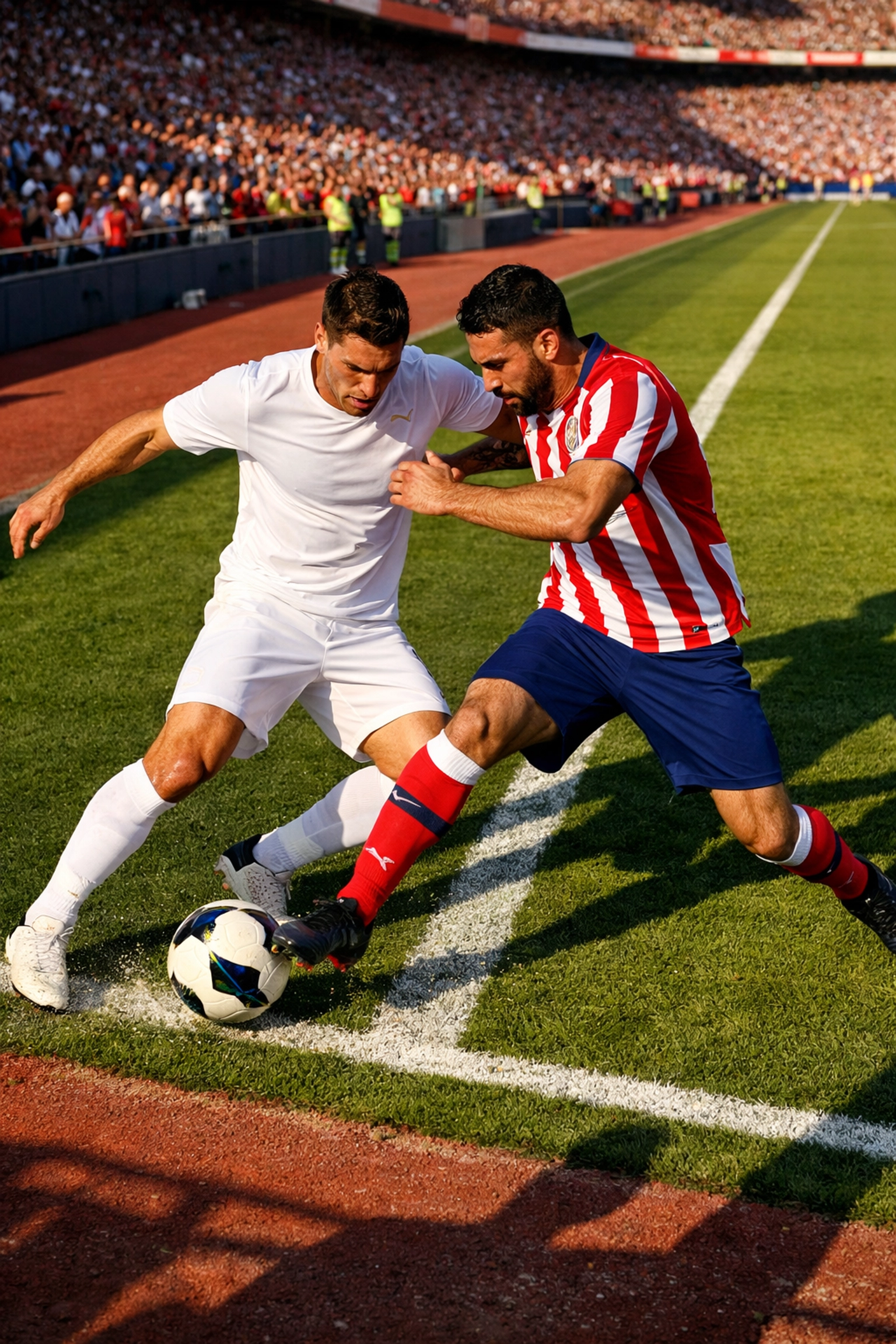 Zweikampf im Madrid Derby zwischen Real und Atletico in einem spanischen Fußballstadion.