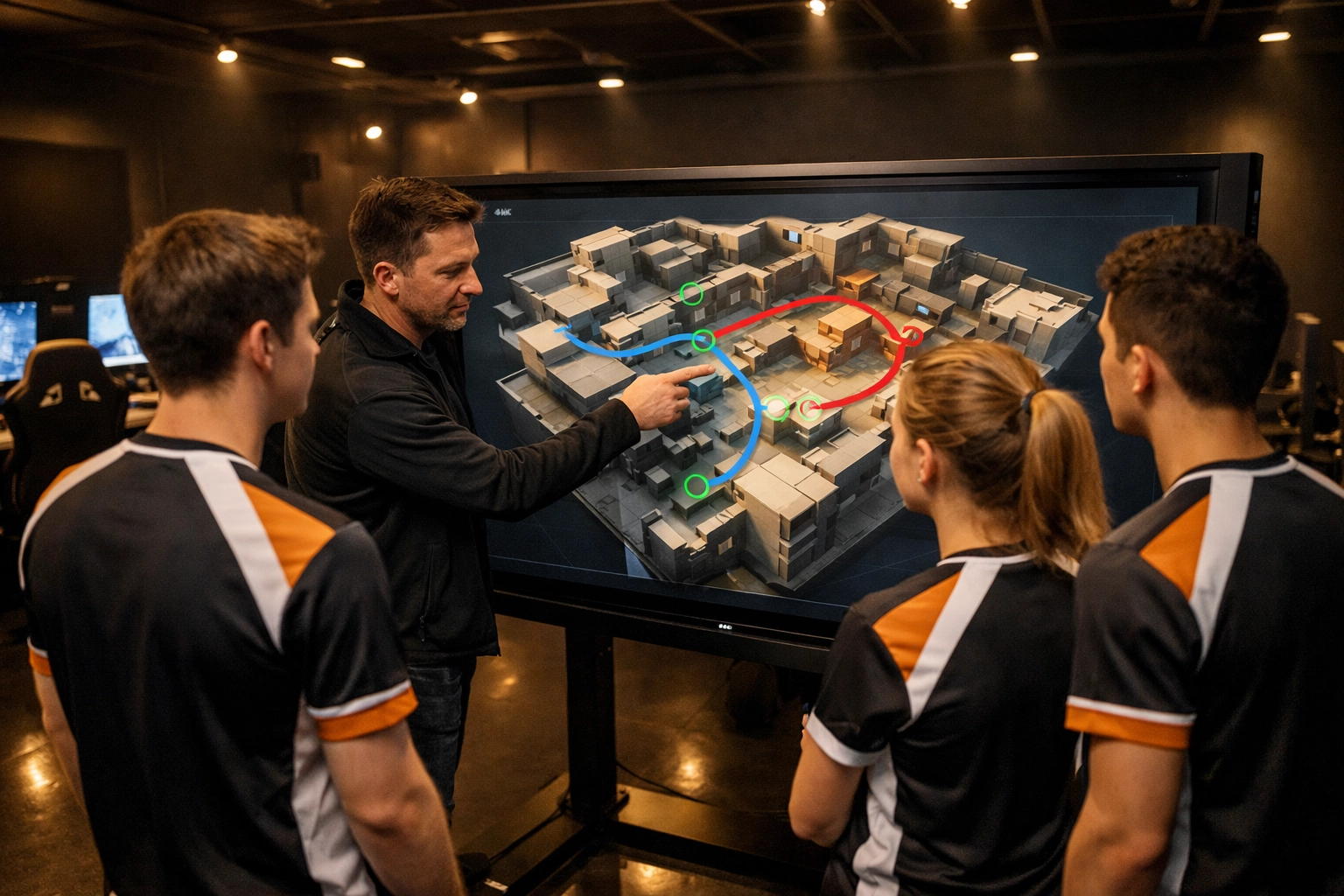 E-Sports Team und Coach bei einer taktischen Analyse von Spielzügen am Monitor.