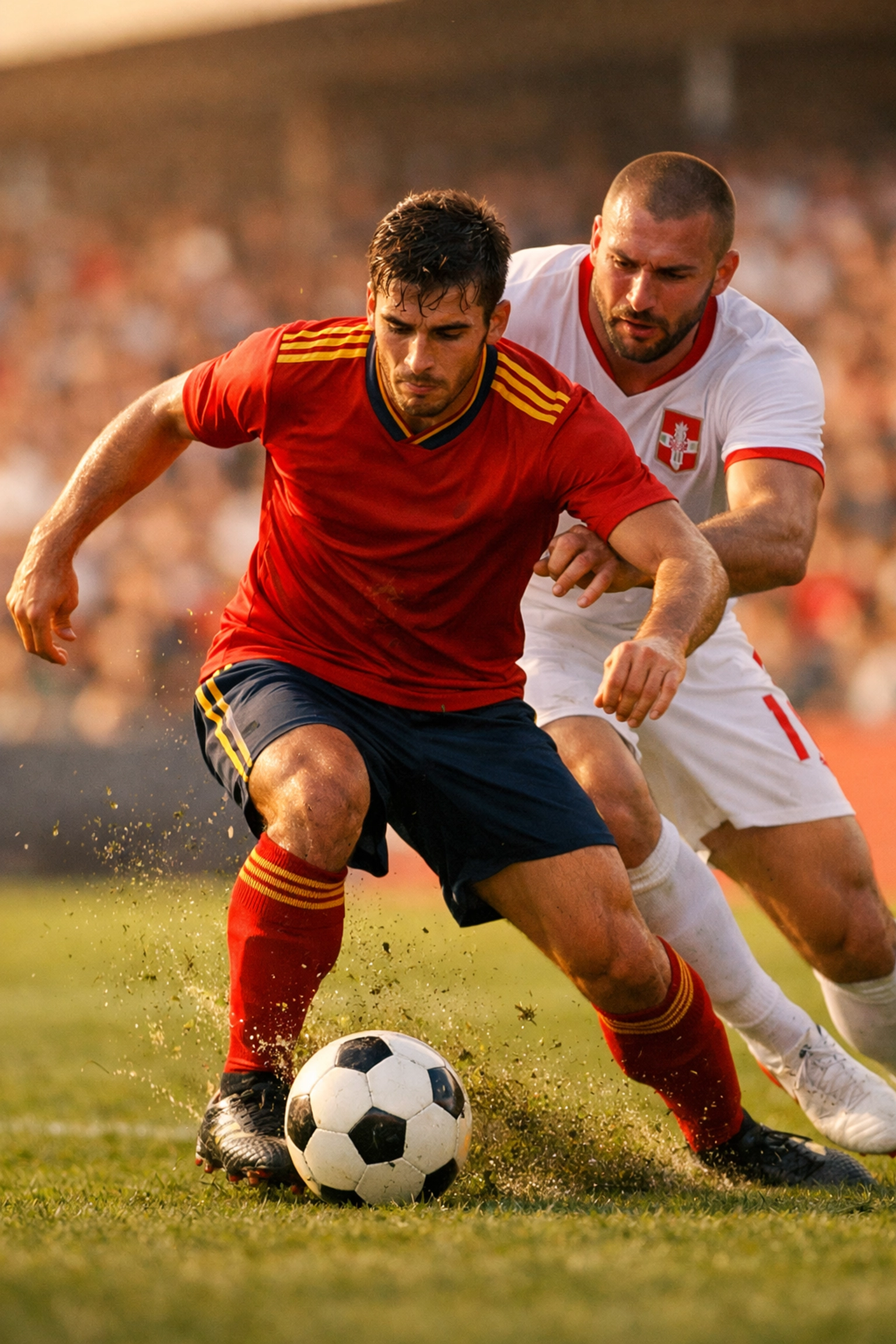 Dynamische Spielszene im Länderspiel Spanien gegen Serbien: Ballkontrolle und Physis.