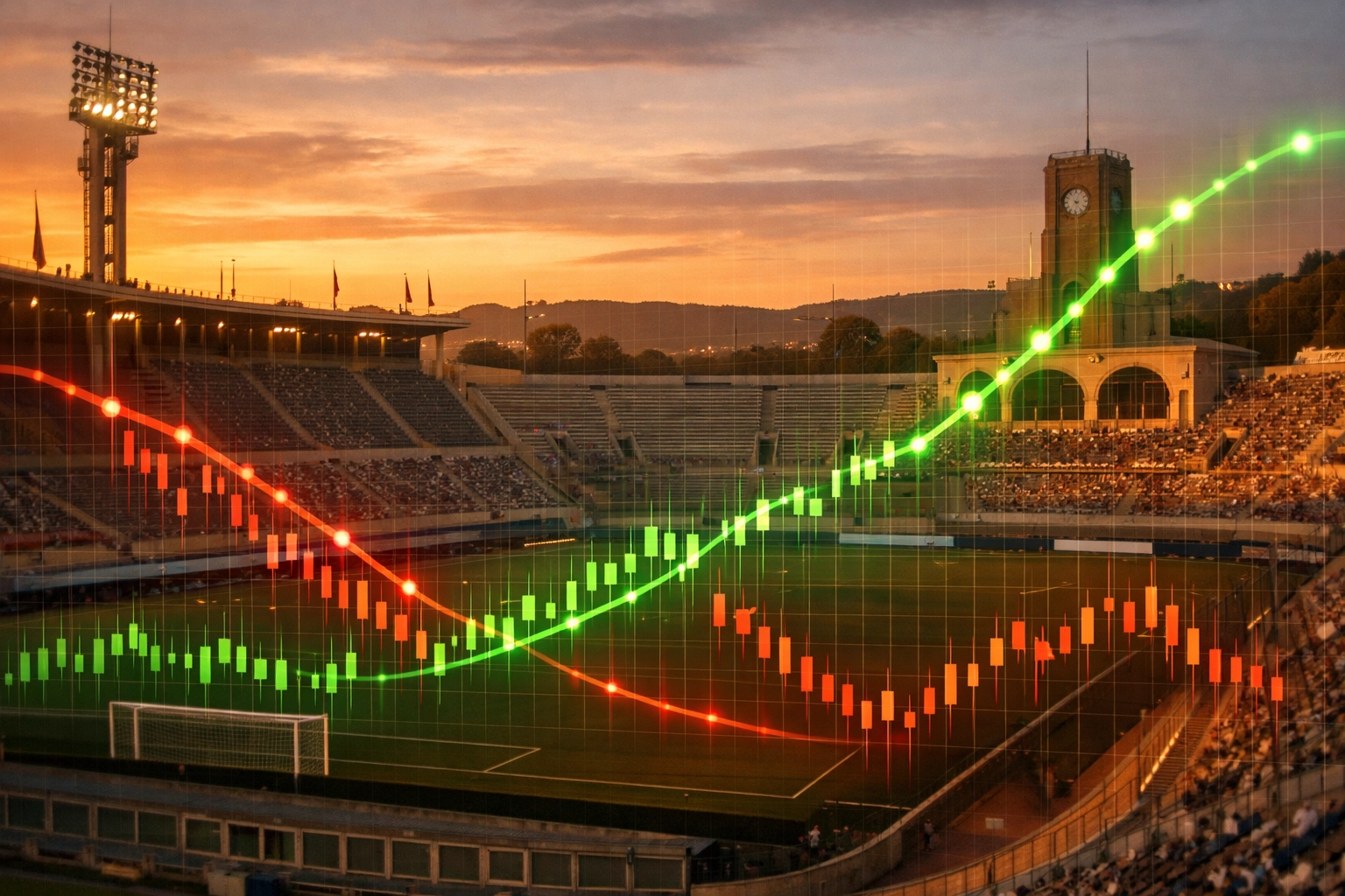Kurvendiagramm für Marktbewegungen über einem klassischen italienischen Fußballstadion.