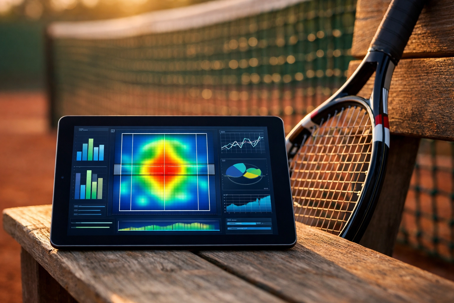 Tablet mit Tennis-Statistiken und Heatmaps für professionelle Match-Analysen