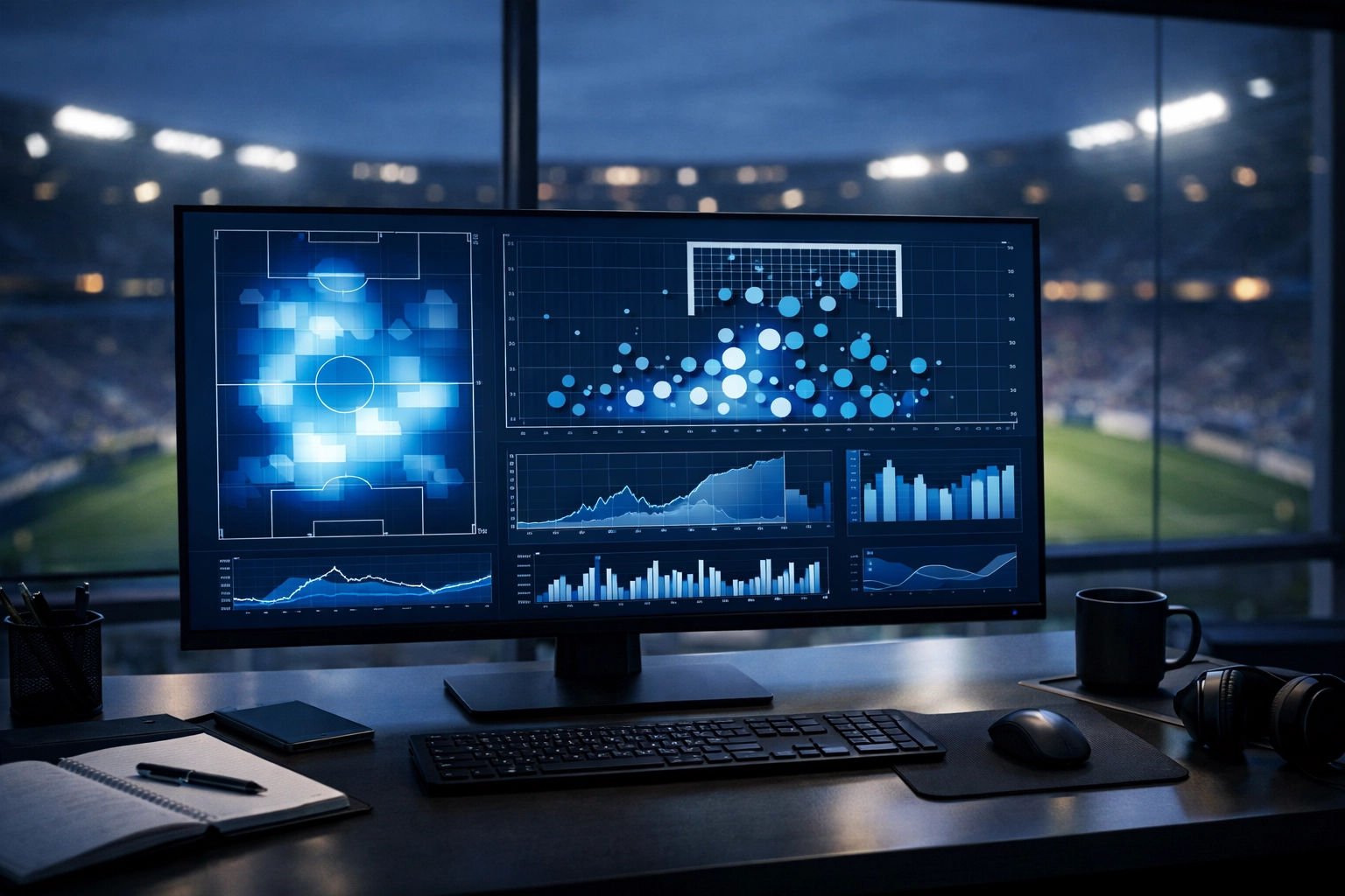 Moderne Datenanalyse am Monitor mit Fußball-Heatmaps und xG-Statistiken