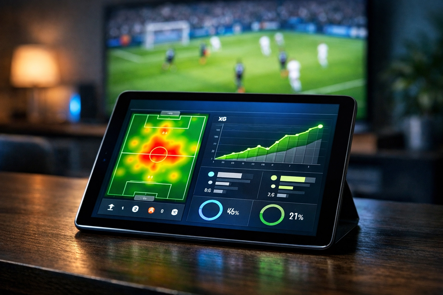 Live-Statistiken mit xG-Werten auf einem Tablet zur Analyse eines Fußballspiels