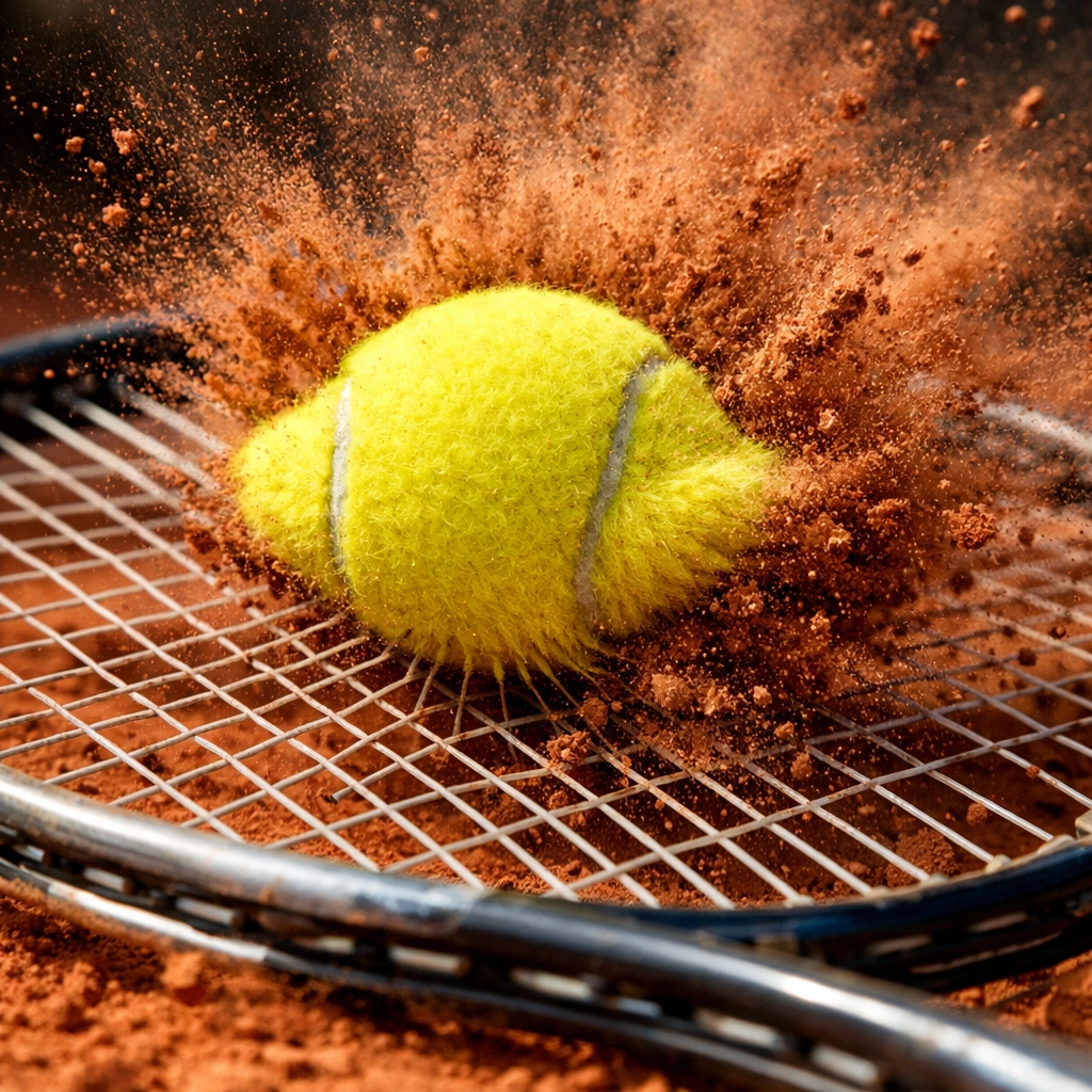 Nahaufnahme eines Tennisballs beim Treffpunkt zur präzisen Tennis Formanalyse auf Sand.