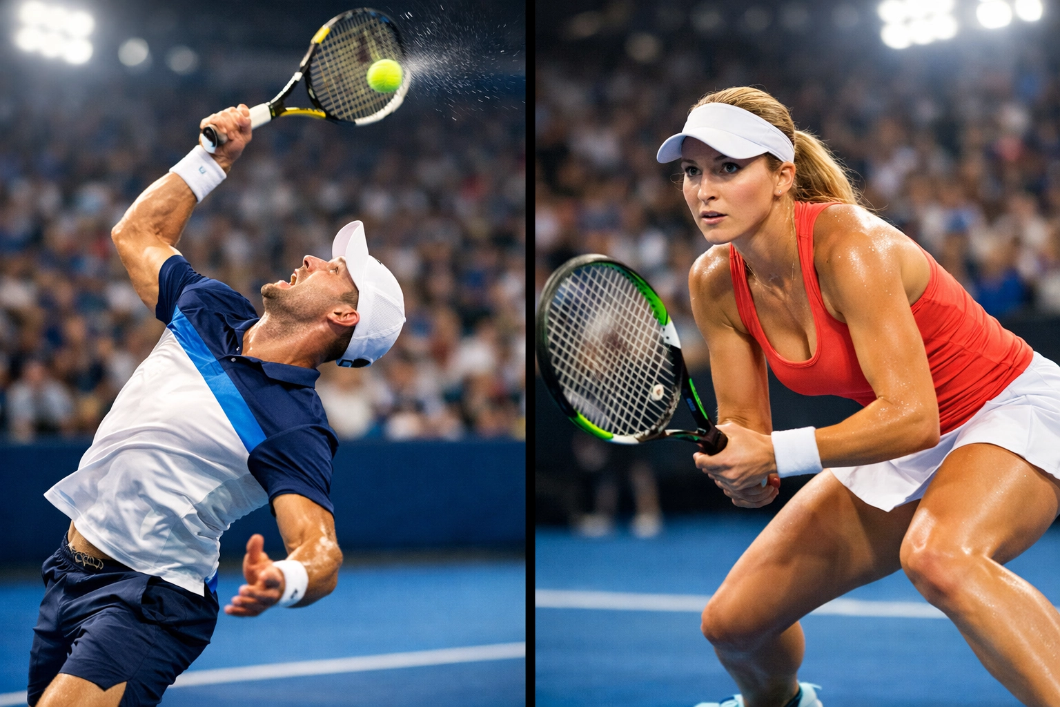 ATP und WTA Profis beim Aufschlag und Return für präzise Tennis Prognosen.