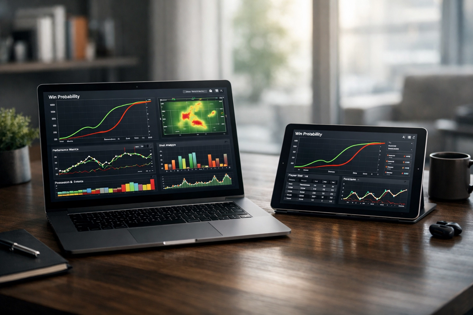 Arbeitsplatz eines Analysten mit Diagrammen zur datenbasierten Live-Wettstrategie.
