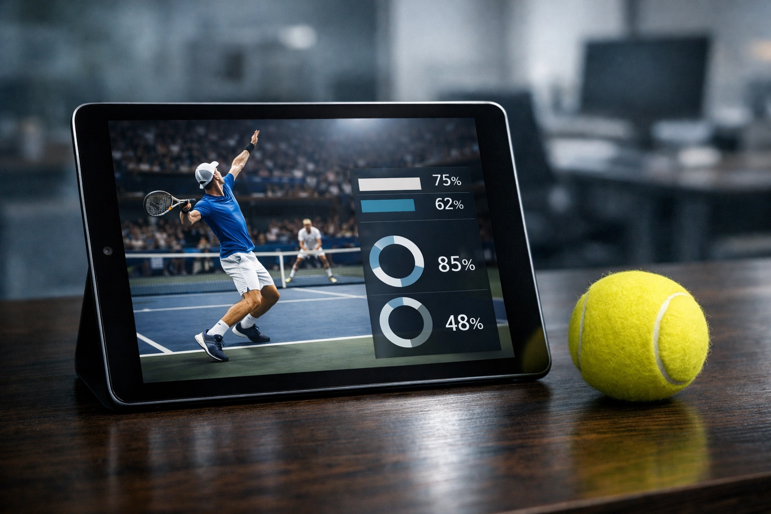 Datenbasierte Analyse von Tennis Statistiken für präzise Wettprognosen auf einem Tablet.