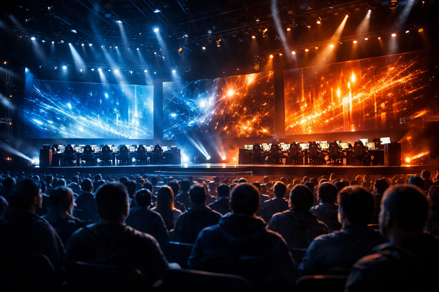 Bühne einer E-Sports Arena mit Datenvisualisierungen für professionelle Turnieranalysen.