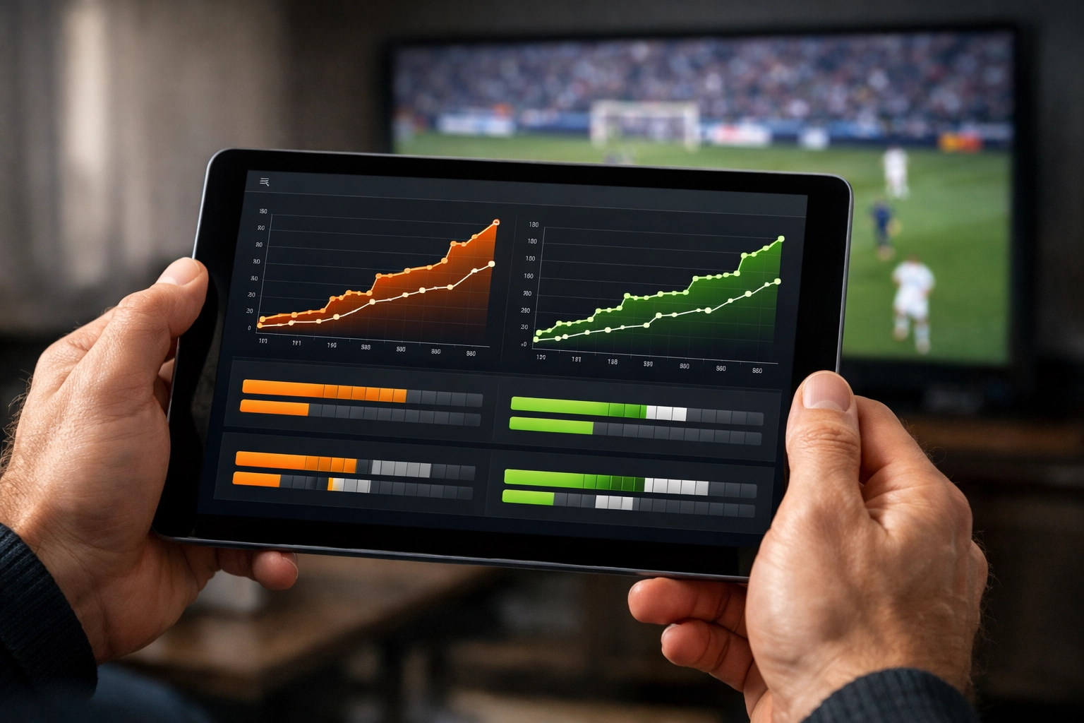 Tablet mit xG-Daten und statistischen Analysen für In-Play Strategien