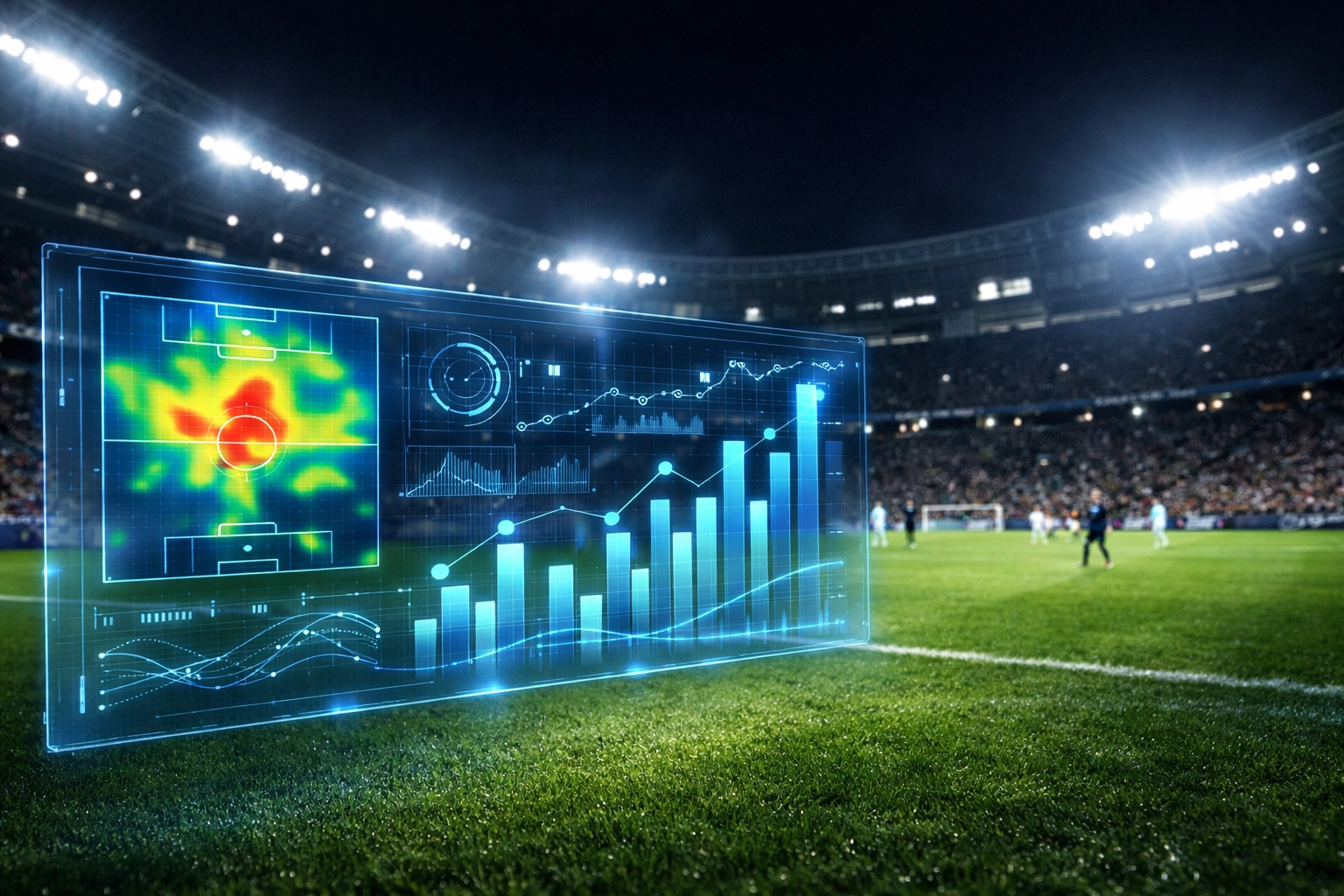 Datenbasierte Analyse von xG-Werten und Live-Statistiken im Fußballstadion.