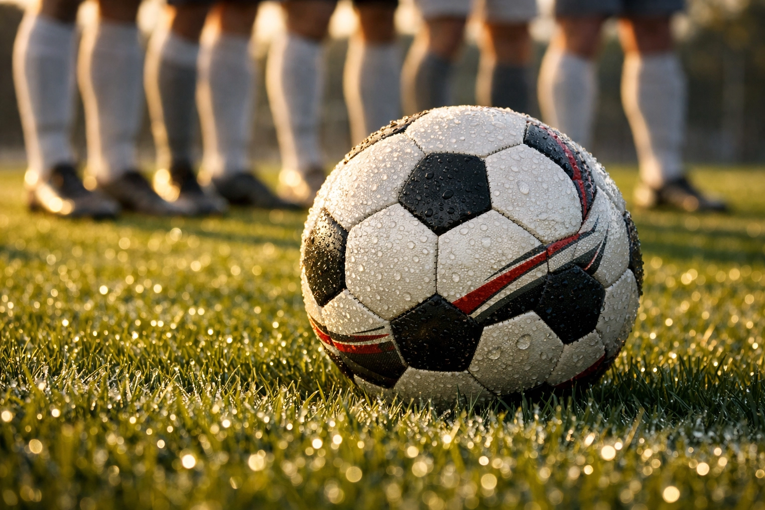 Nahaufnahme eines Fußballs auf dem Rasen vor einer defensiven Formation zur Taktik-Analyse.