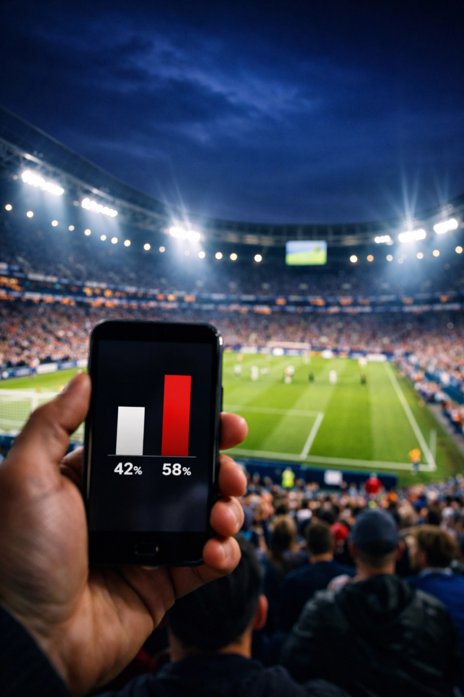 Smartphone mit Wahrscheinlichkeits-Diagramm vor einem hell erleuchteten Fußballstadion bei Nacht.