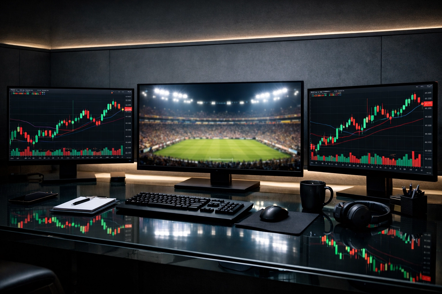 Analyse von Quotenbewegungen und Markttrends an professionellen Monitoren für Sportwetten.