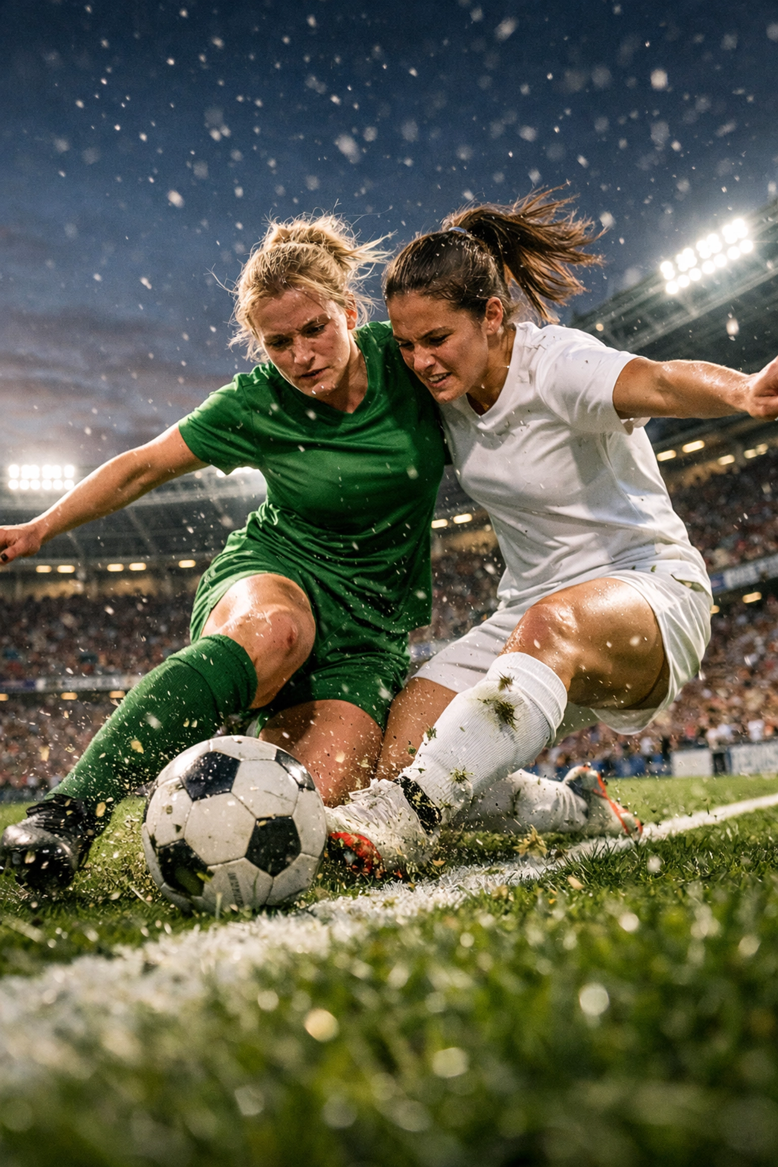 Intensiver Zweikampf zwischen Wolfsburg und Lyon in der Champions League der Frauen auf dem Rasen.
