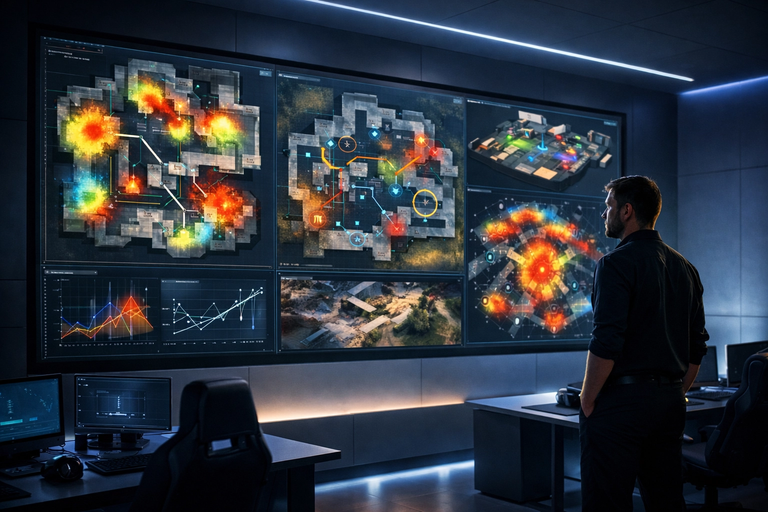 Analyst wertet taktische Heatmaps und Strategie-Diagramme für E-Sports Turnieranalysen aus.
