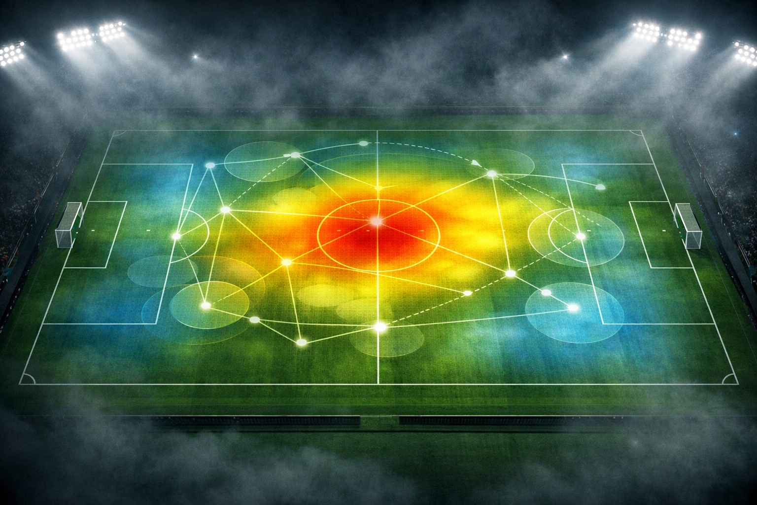Taktische Daten-Heatmap auf einem Fußballfeld für die Analyse von xG-Werten bei sportwetten.