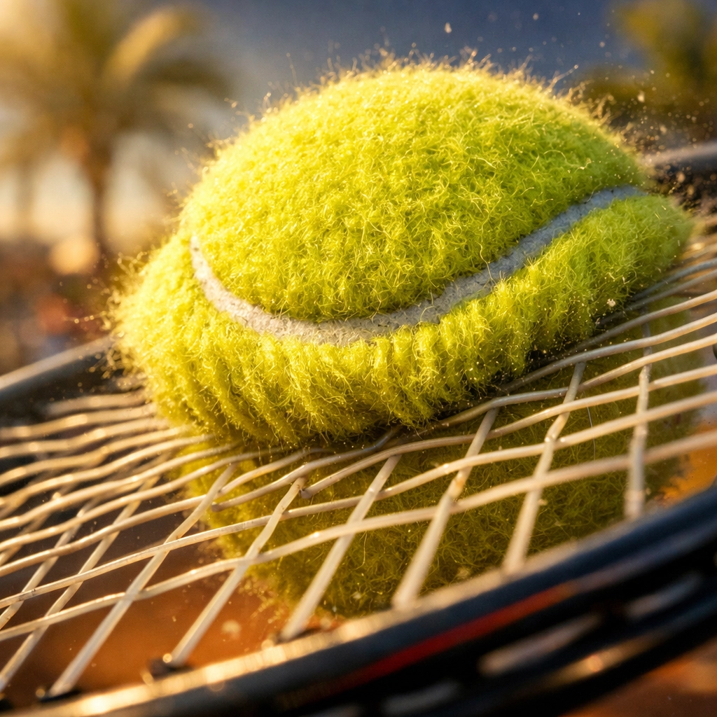 Detailaufnahme eines Tennisballs beim Saitenkontakt zur Analyse der Schlagpräzision im Tennis.