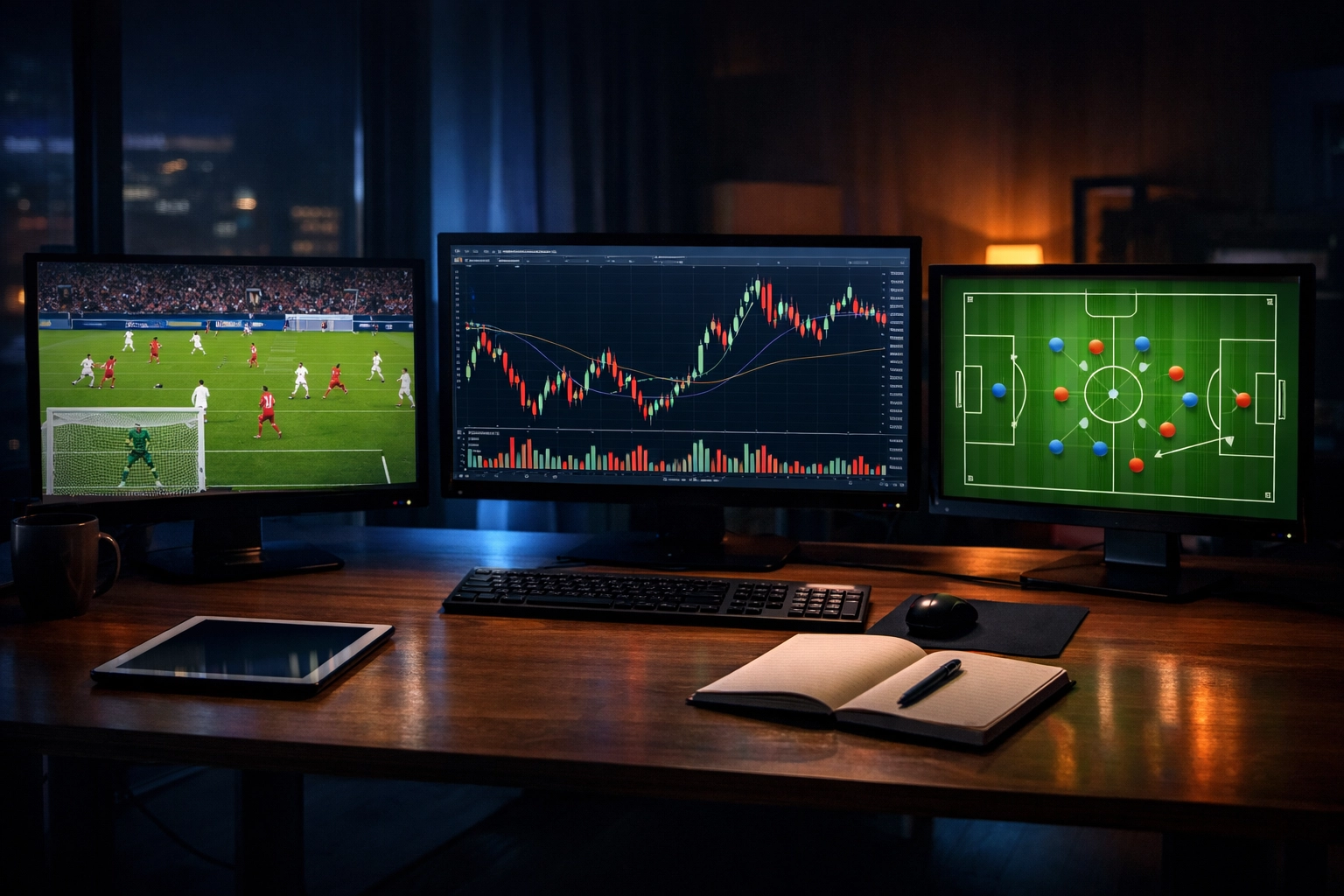 Professioneller Arbeitsplatz mit Monitoren für Quotenanalyse und Live-Fußball-Statistiken in Echtzeit.