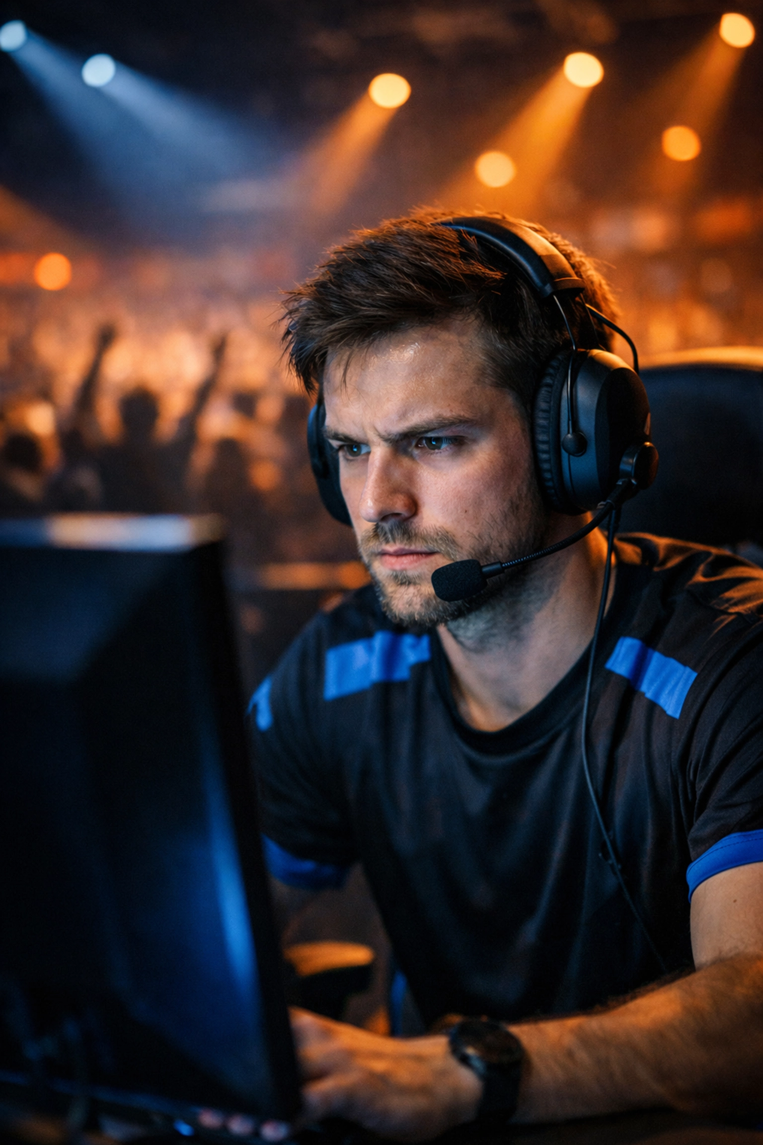 Konzentrierter Profi-Gamer bei einem E-Sports LAN-Turnier in einer vollbesetzten Arena.