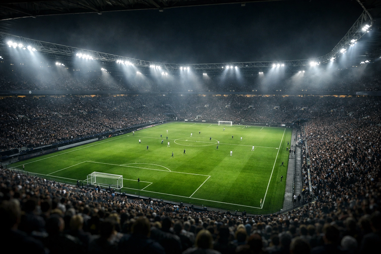 Stimmung im beleuchteten Borussia-Park vor dem Bundesliga-Duell Gladbach gegen St. Pauli.