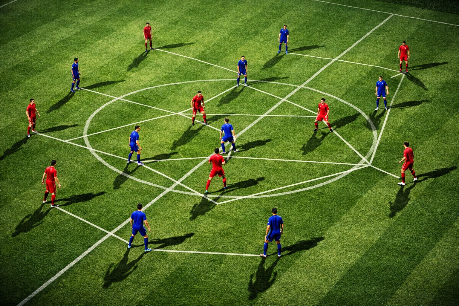 Taktische Formation der Spieler auf dem Platz zur Analyse strategischer Spielzüge.