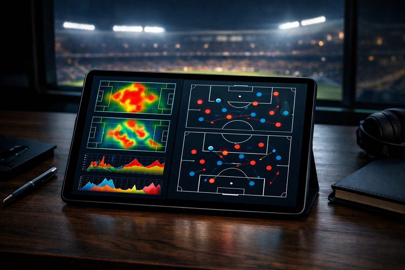 Tablet mit statistischer Spielanalyse und Heatmaps für Fußball-Wettstrategien.