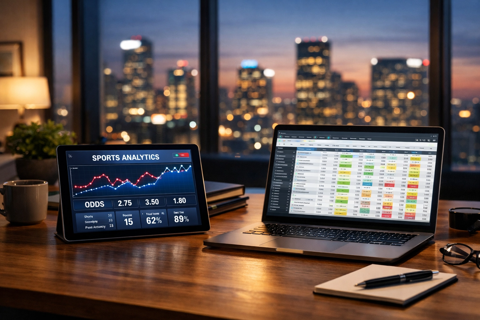 Analyse von Sportwetten Quoten und Markt-Daten auf einem Tablet am modernen Arbeitsplatz.