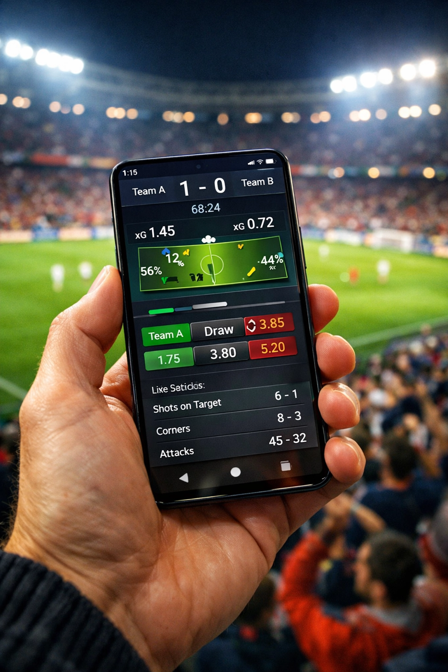 Live-Statistiken und Quoten auf einem Smartphone in einem modernen Fußballstadion.