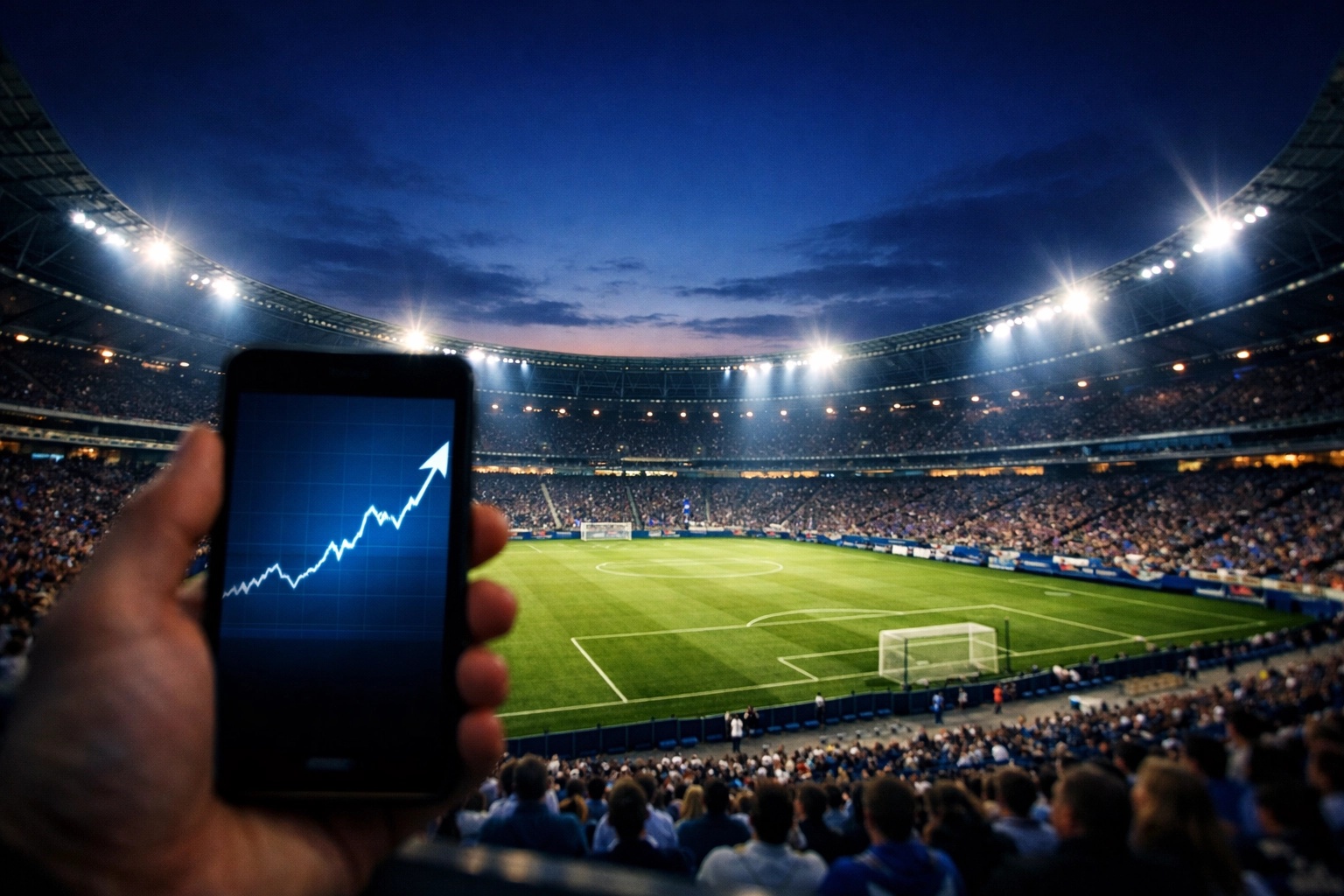 Marktprognose und Quotenverlauf auf einem Smartphone vor einem Fußballstadion.
