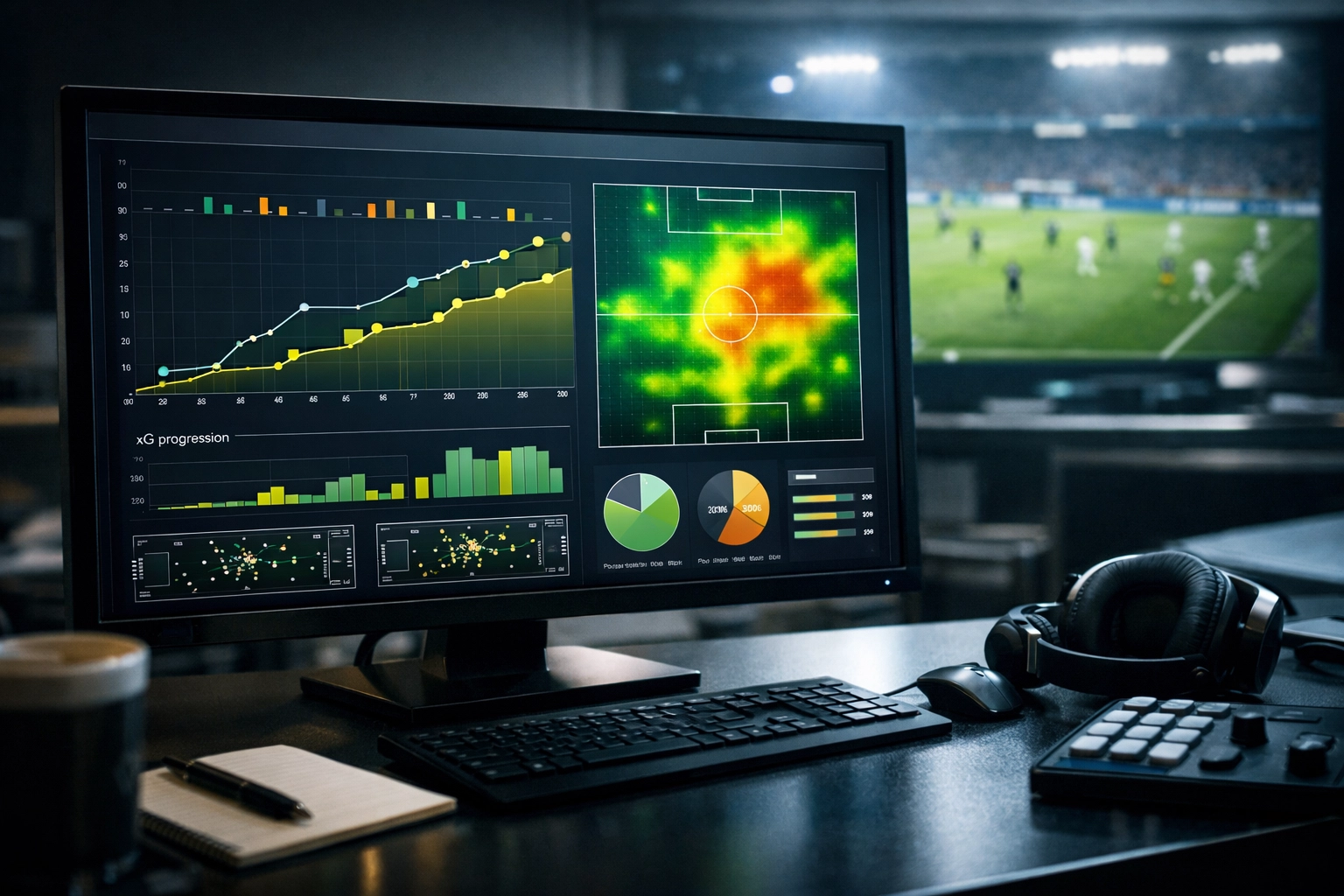Professionelle Live Betting Analyse mit xG-Statistiken und Datenvisualisierung am Monitor