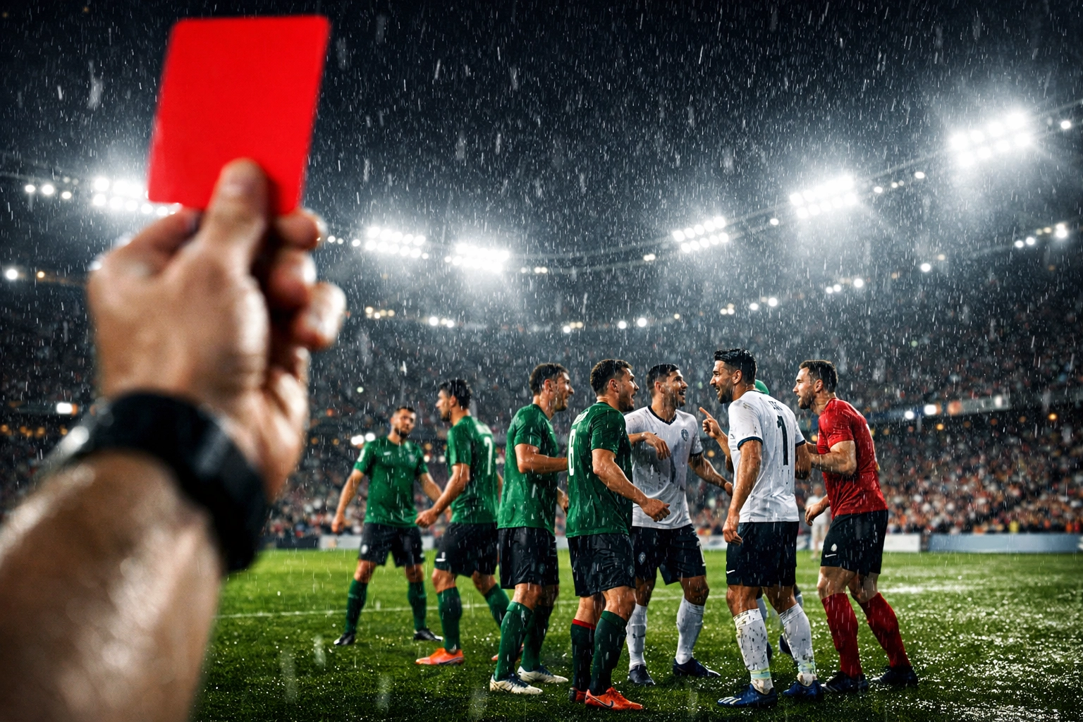 Schiedsrichter zeigt rote Karte im Stadion – Fokus auf Momentum-Wechsel bei Live-Wetten.