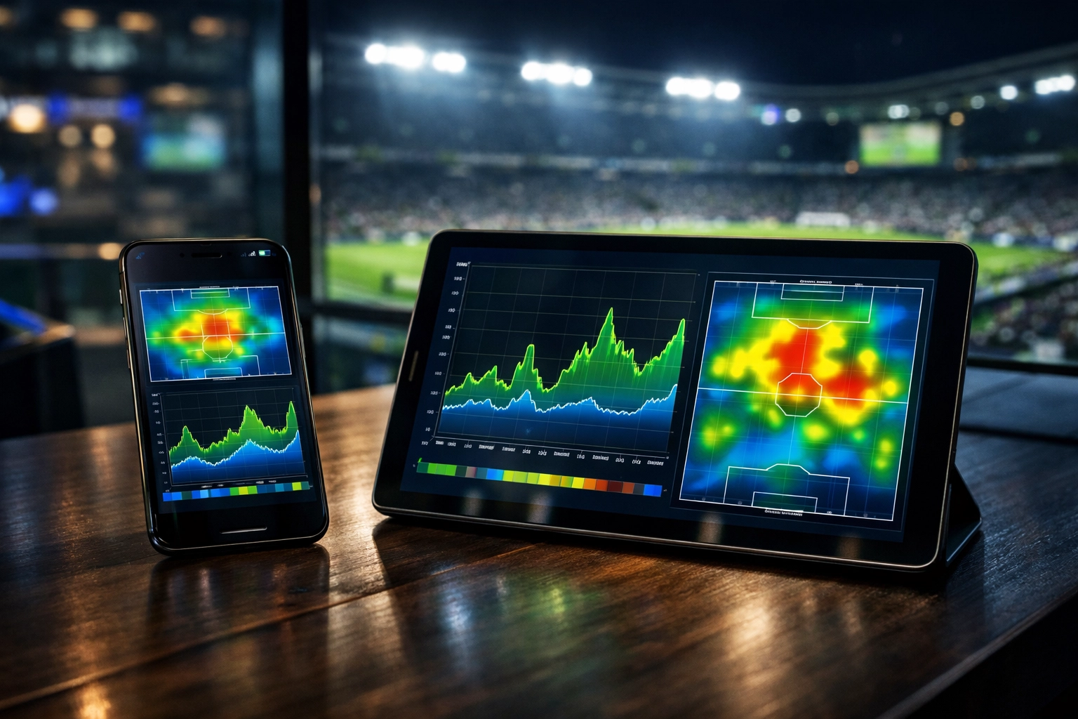 Smartphone mit Live-Analyse von xG-Werten und Heatmaps vor einem Fußballstadion.