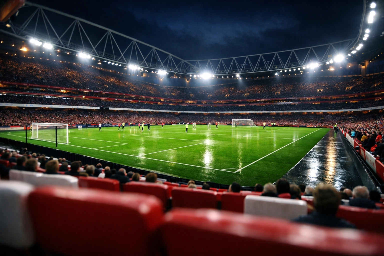Abendliche Atmosphäre im Emirates Stadium vor dem Spiel Arsenal gegen Leverkusen.