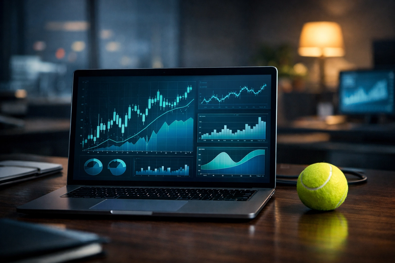 Statistiken und Marktdaten am Laptop für eine professionelle Tennis Formanalyse.