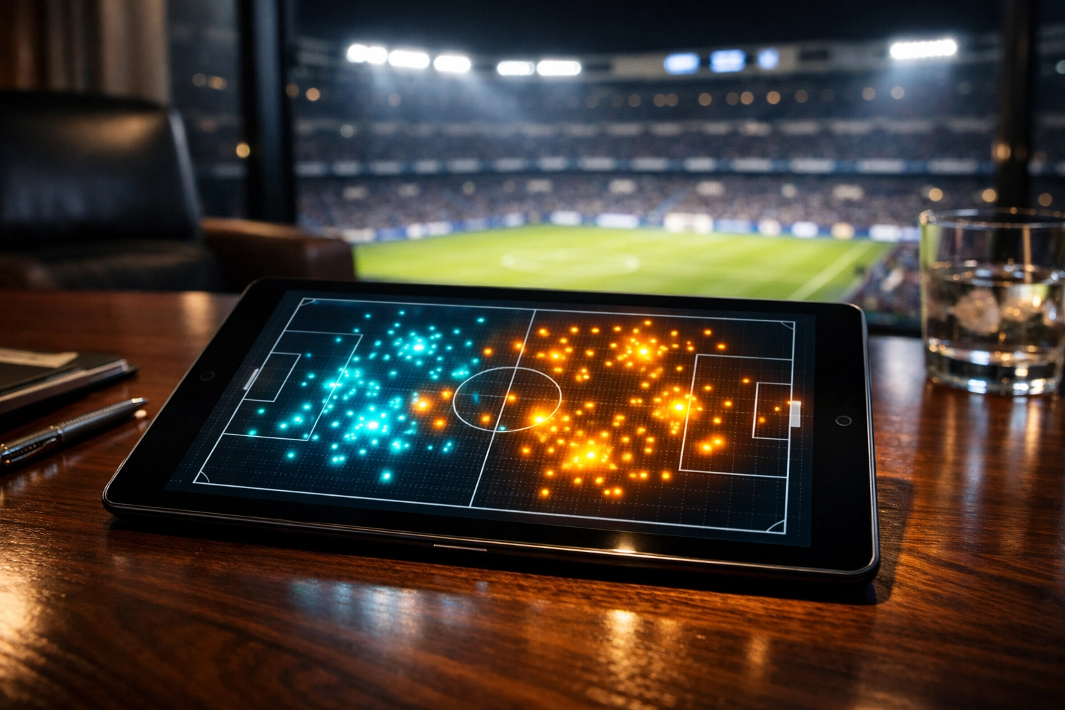 Fußball-Taktikanalyse mit xG-Werten und Heatmap auf einem Tablet im Santiago Bernabéu Stadion.