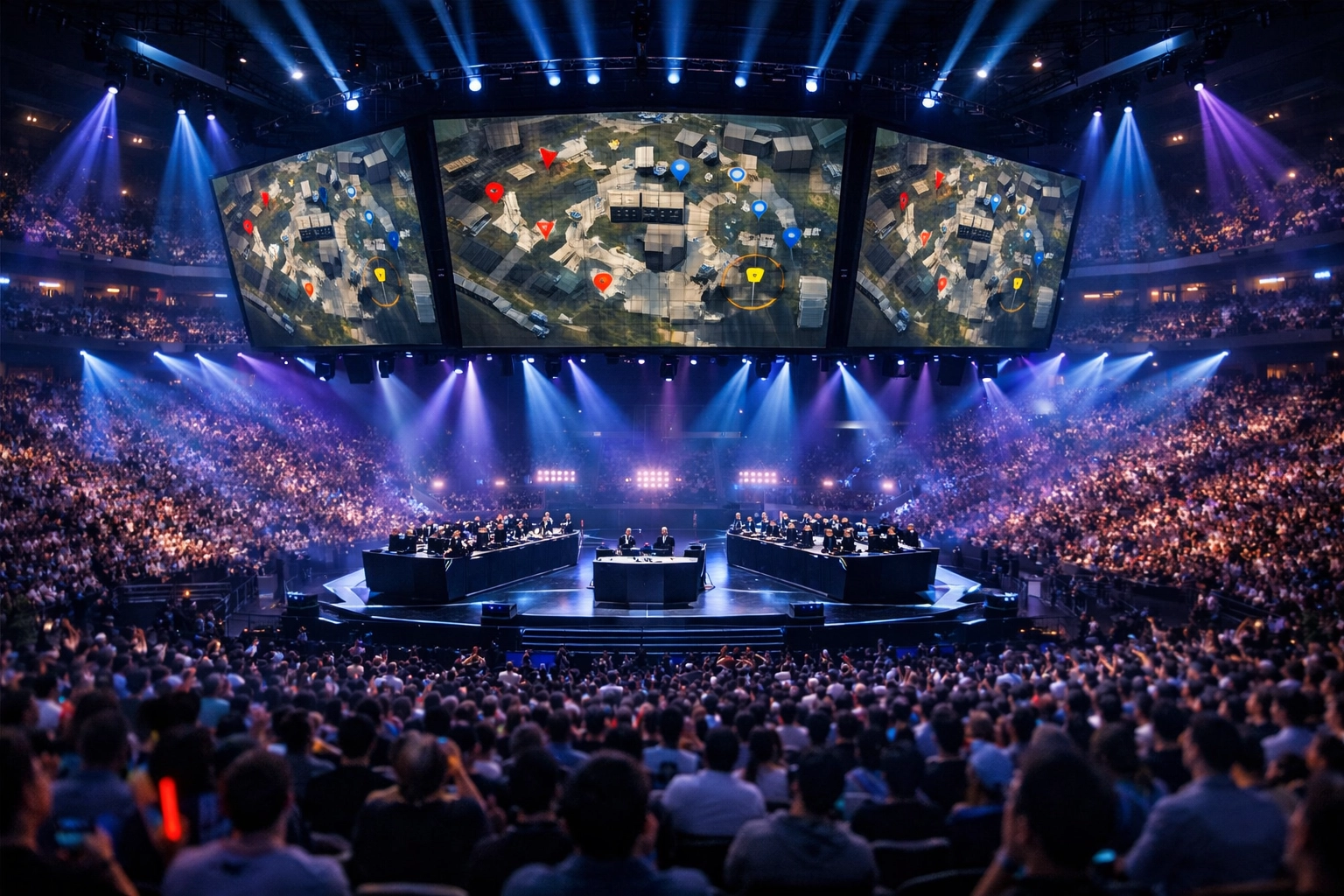 Große E-Sports Arena mit taktischen Bildschirmen während eines Live-Turniers