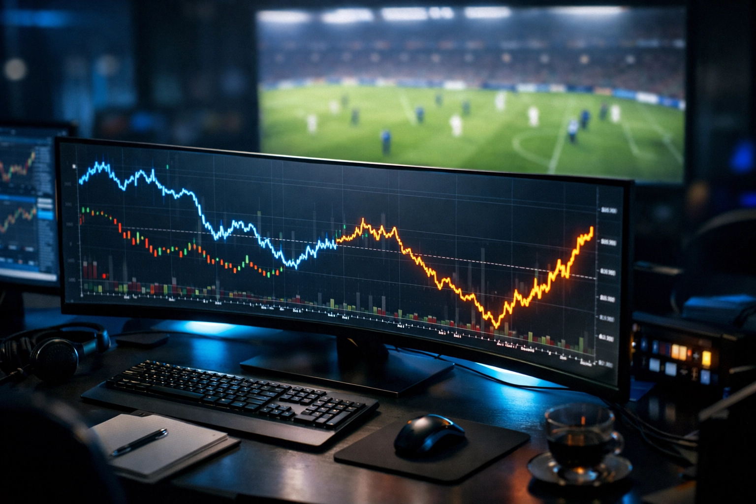 Analyse von Live Betting Trends mittels Quotenbewegungen und Marktdaten am Bildschirm.